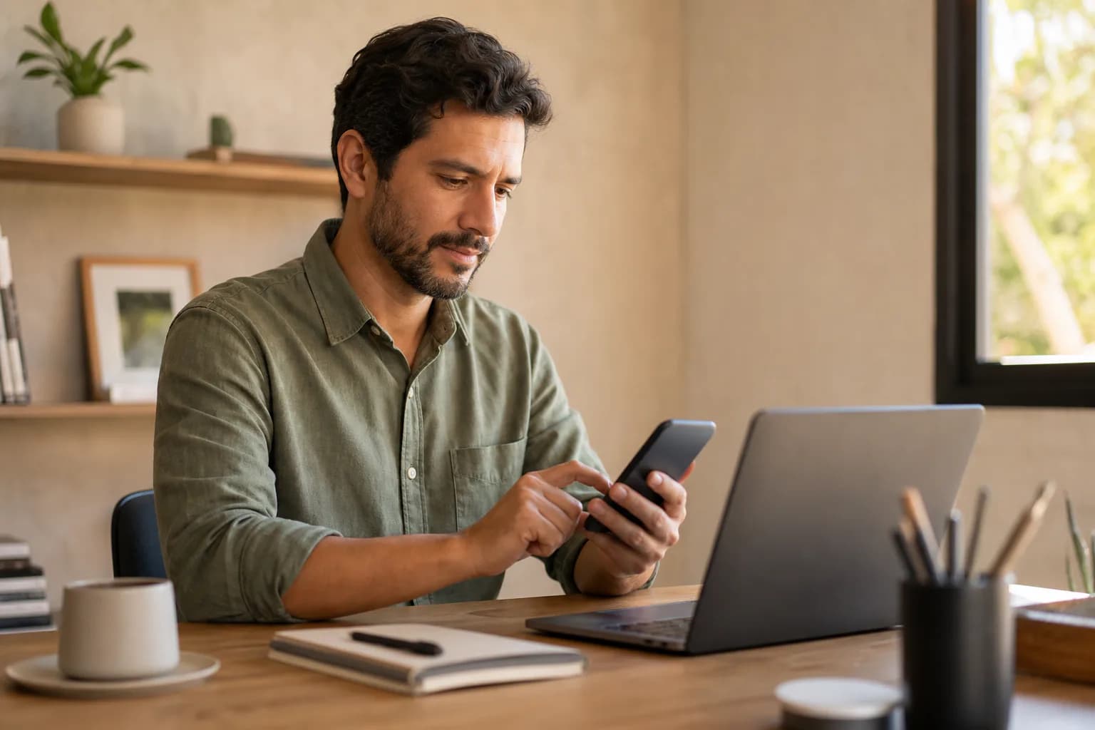Pessoa configurando canais de atendimento em celular e notebook