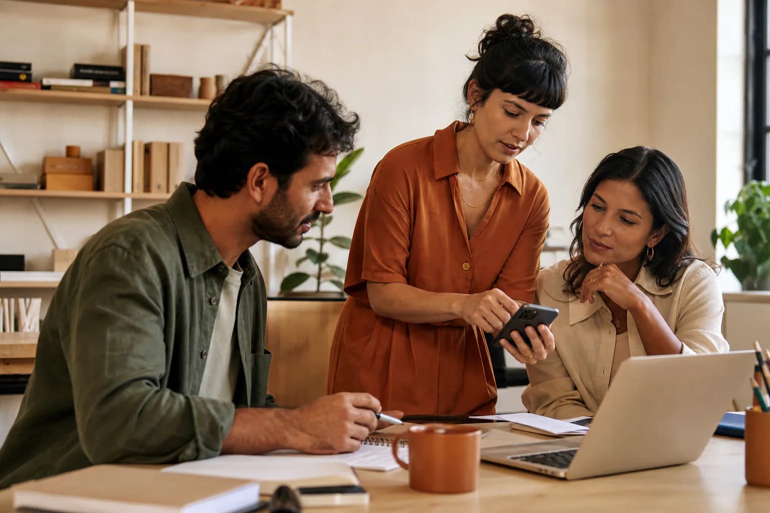 Equipe acompanhando atendimento digital com notebook e celular